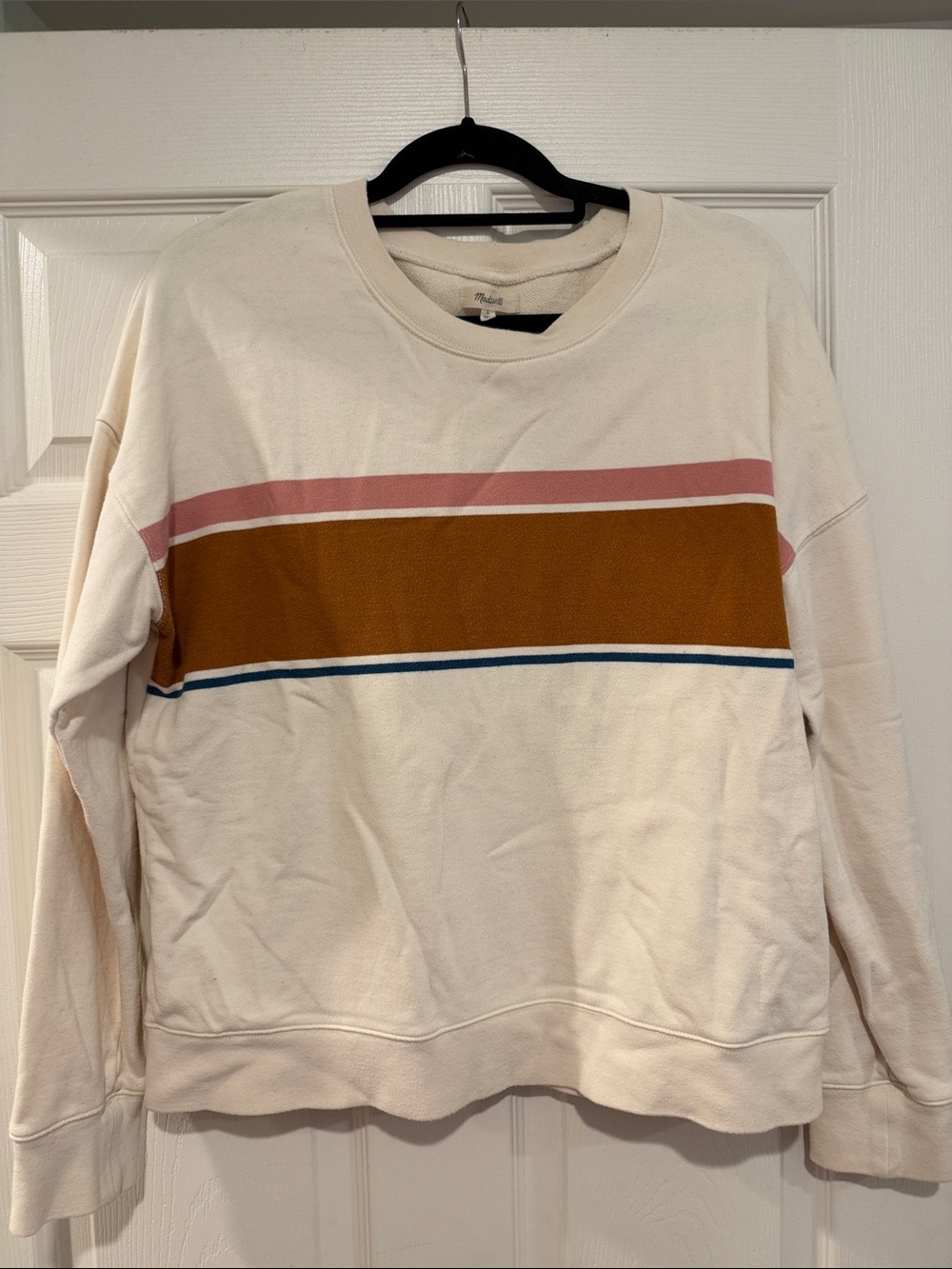 Madewell Cream Crewneck Sweater with Pink, Brown and Blue Stripes